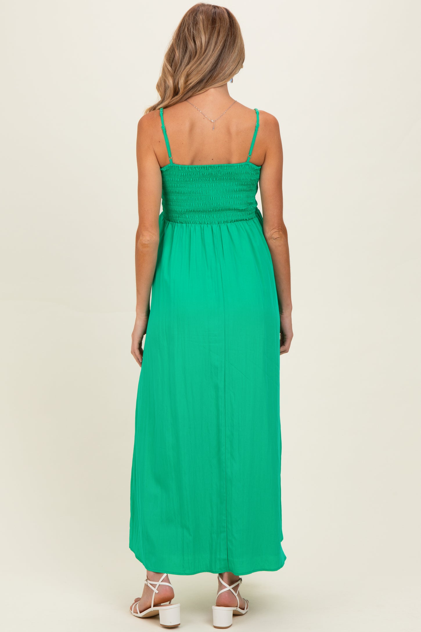 Green Pom Pom Strap Smocked Maternity Maxi Dress