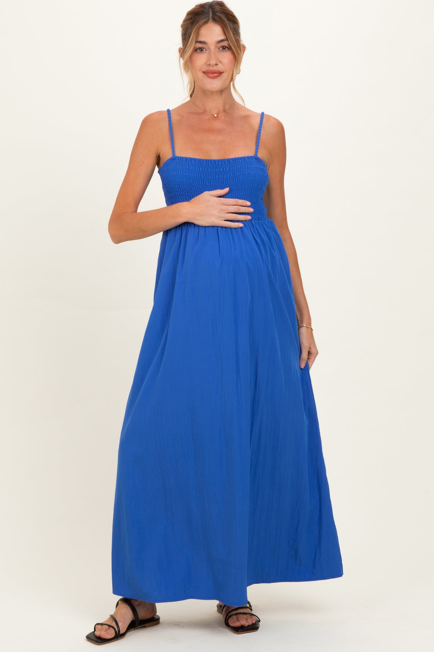 Capri Blue Pom Pom Strap Smocked Maternity Maxi Dress