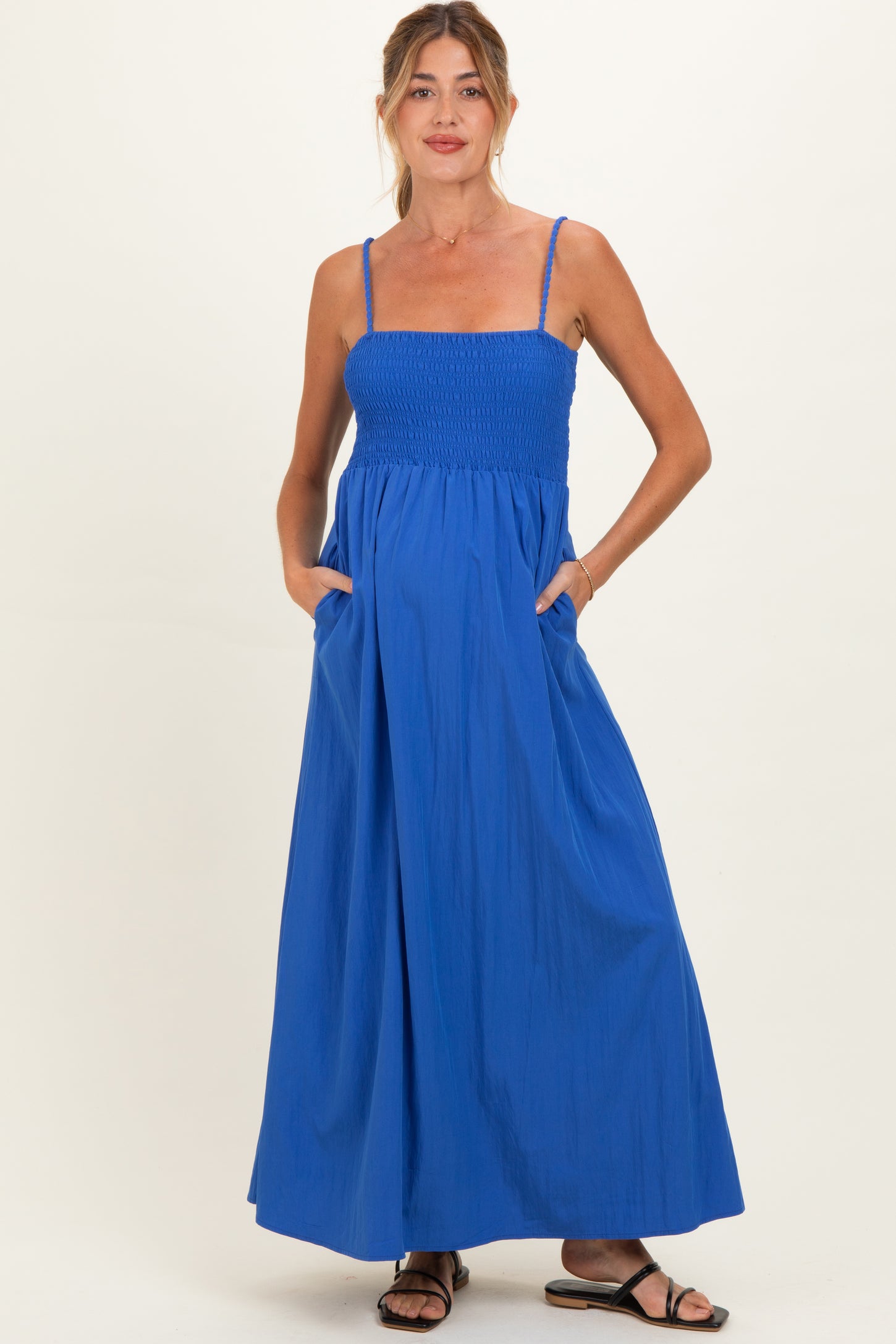Capri Blue Pom Pom Strap Smocked Maternity Maxi Dress