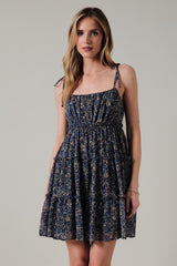 Navy Floral Shoulder Tie Tiered Mini Dress
