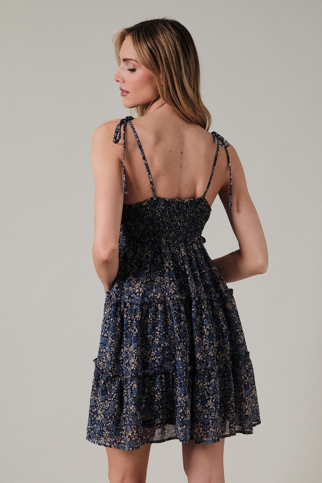 Navy Floral Shoulder Tie Tiered Mini Dress