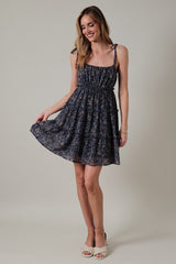 Navy Floral Shoulder Tie Tiered Mini Dress