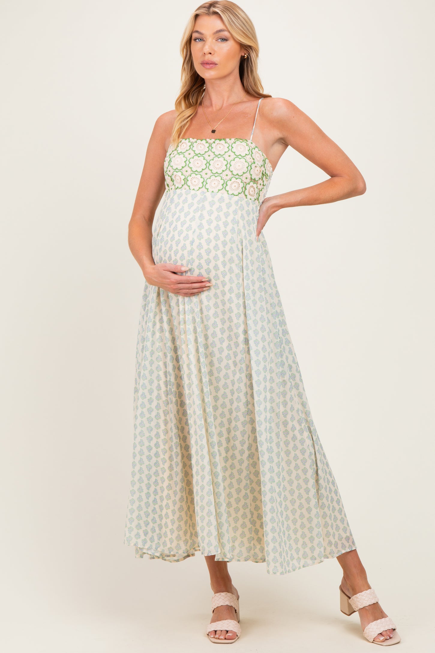 Green Floral Crochet Bodice Maternity Maxi Dress