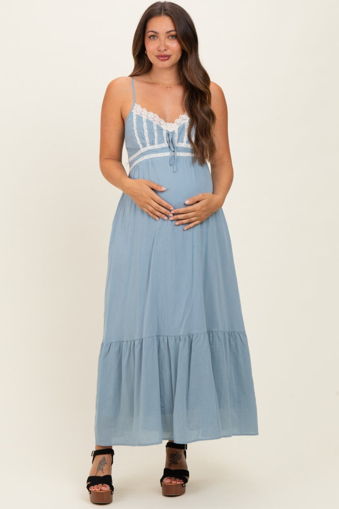 light blue lace maternity dress Light Blue Lace Mock Neck Long Sleeve Maternity Maxi Dress