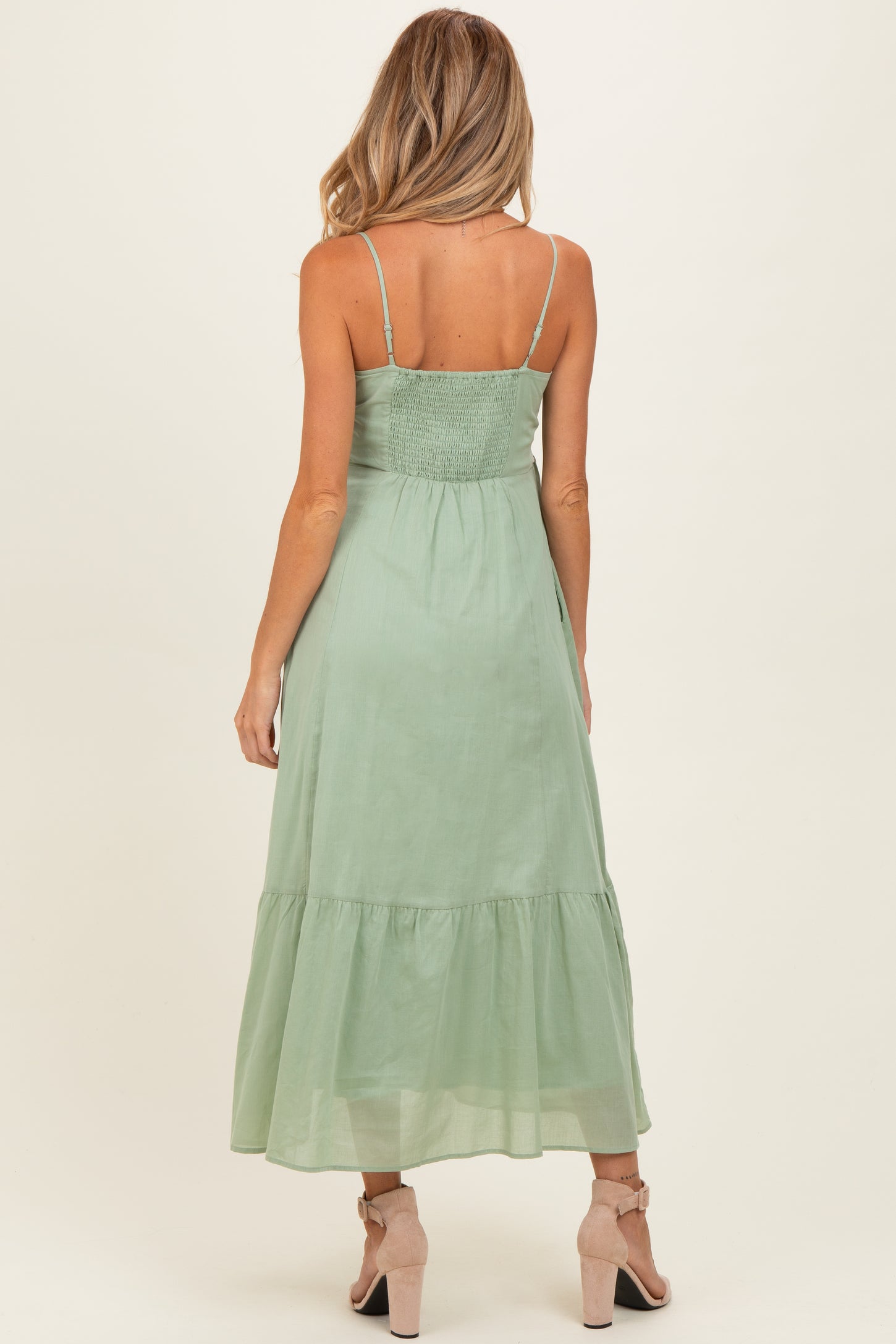 olive green party dress Olive Green Mermaid Satin Prom Dresses with Slit Spaghetti Strap Eveni –  Viniodress main image 1