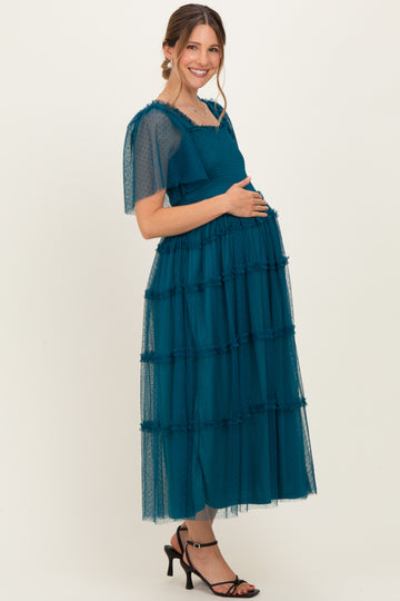 Teal Ruffled Mesh Maternity Maxi Dress