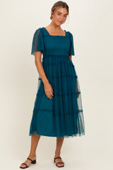 Teal Ruffled Mesh Maxi Dress