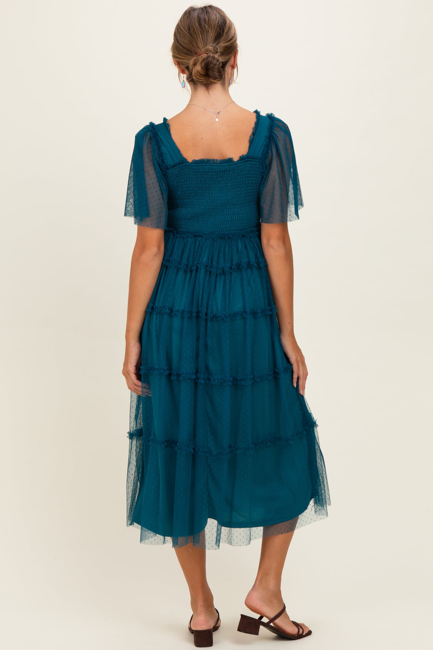 Teal Ruffled Mesh Maxi Dress