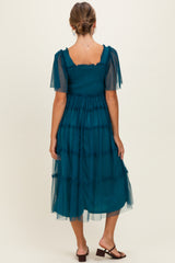 Teal Ruffled Mesh Maxi Dress