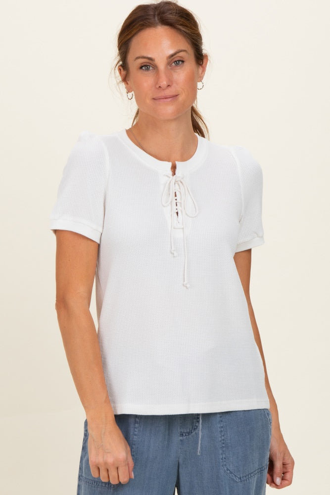 Ivory Waffle Knit Lace-Up Top