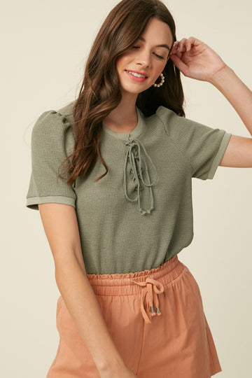 Olive Waffle Knit Lace-Up Top