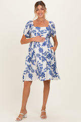 Blue Floral Puff Sleeve Maternity Dress