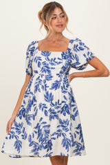 Blue Floral Puff Sleeve Maternity Dress