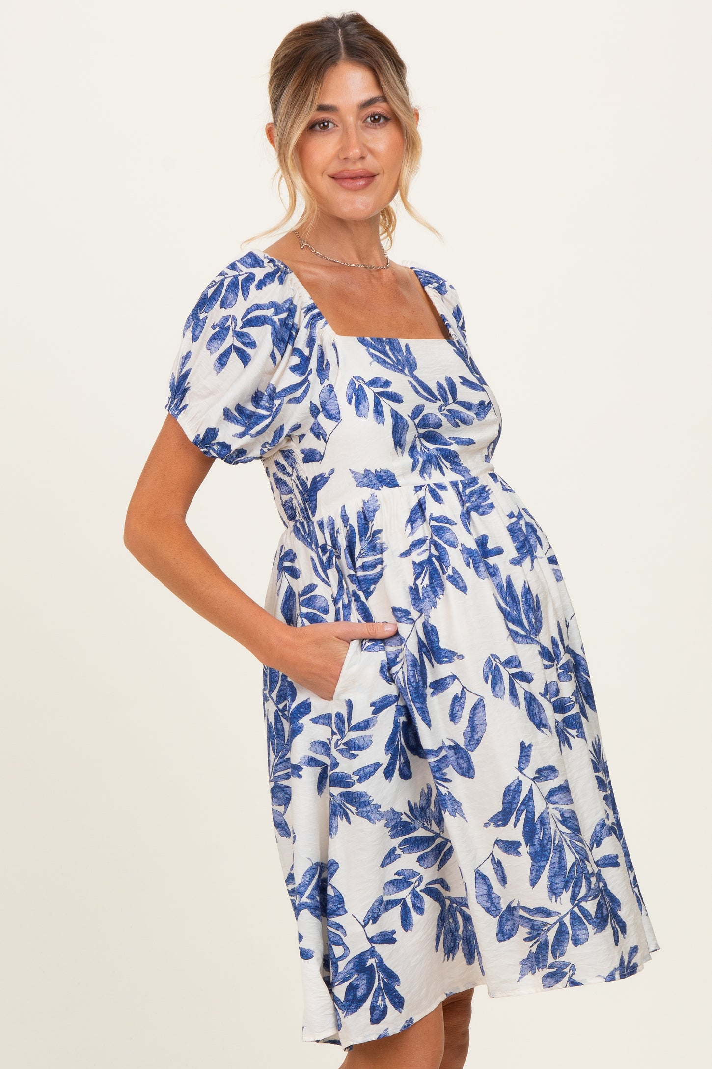 Blue Floral Puff Sleeve Maternity Dress