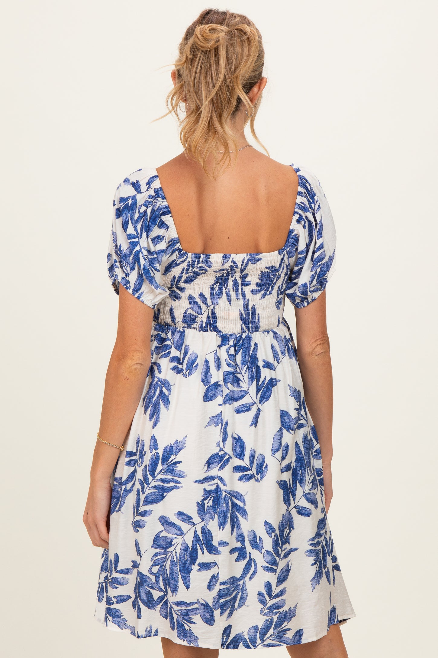 Blue Floral Puff Sleeve Maternity Dress