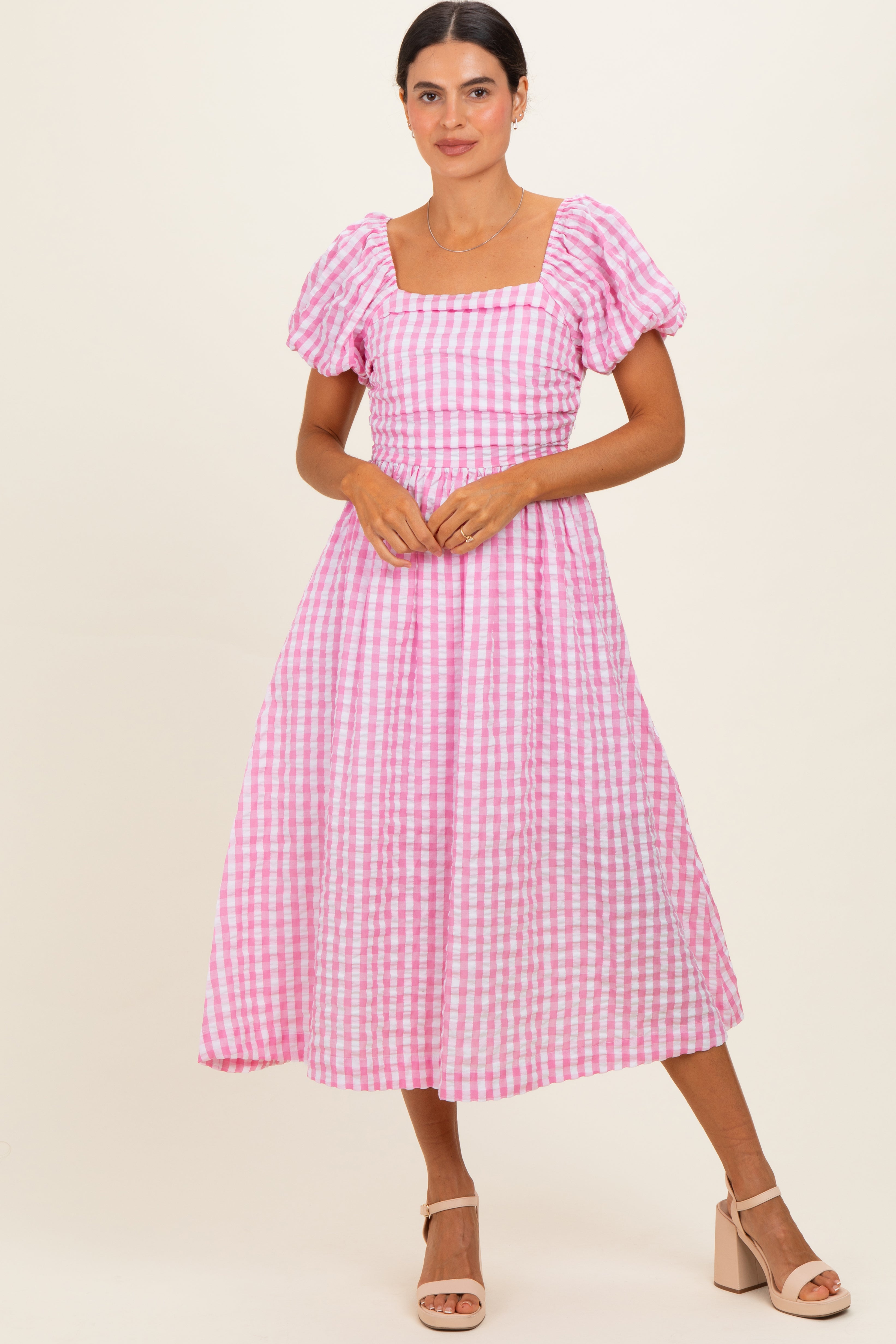 Pink Gingham Puff Sleeve Maternity Midi Dress