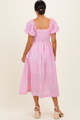 Pink Gingham Puff Sleeve Midi Dress