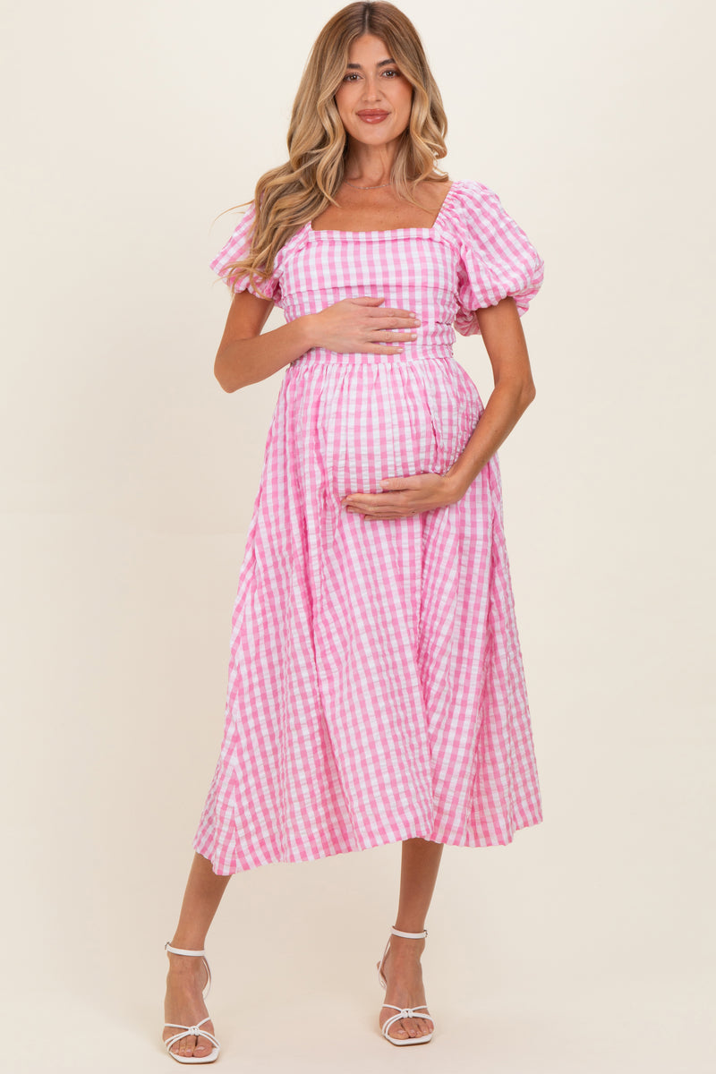 pink gingham maternity dress Puff Sleeve Midi over style with a Color:Woodbury-Dark Chocolate-Angora Girly Dressing How to Wear White
