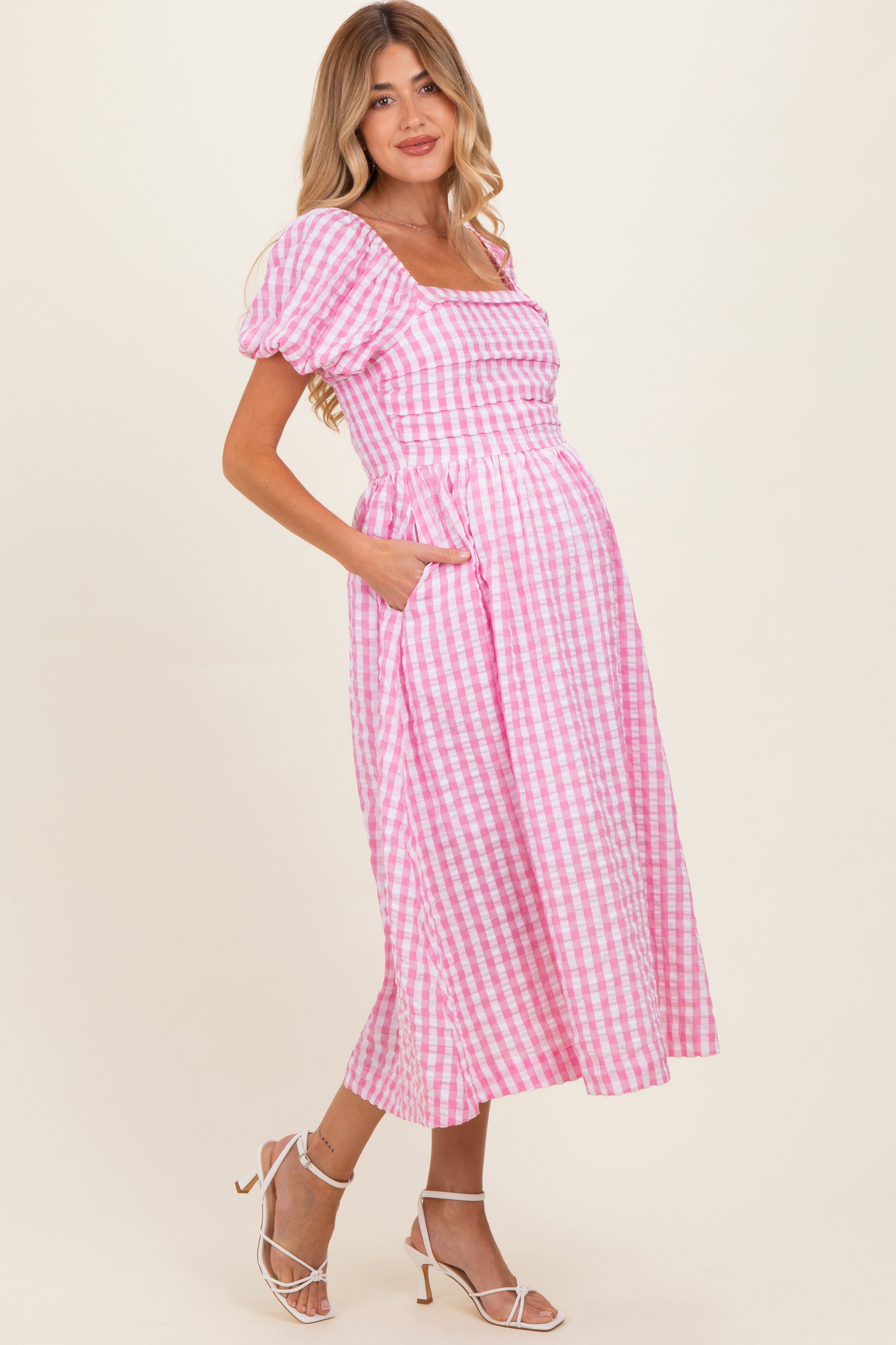 Pink Gingham Puff Sleeve Maternity Midi Dress