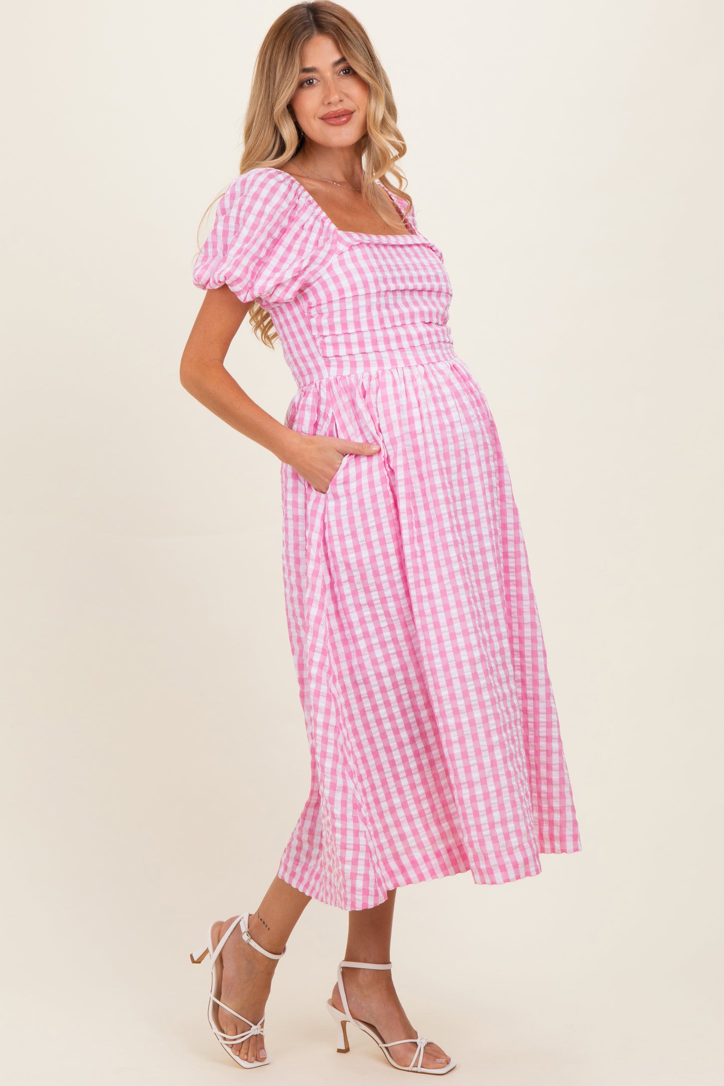 Pink Gingham Puff Sleeve Maternity Midi Dress – PinkBlush