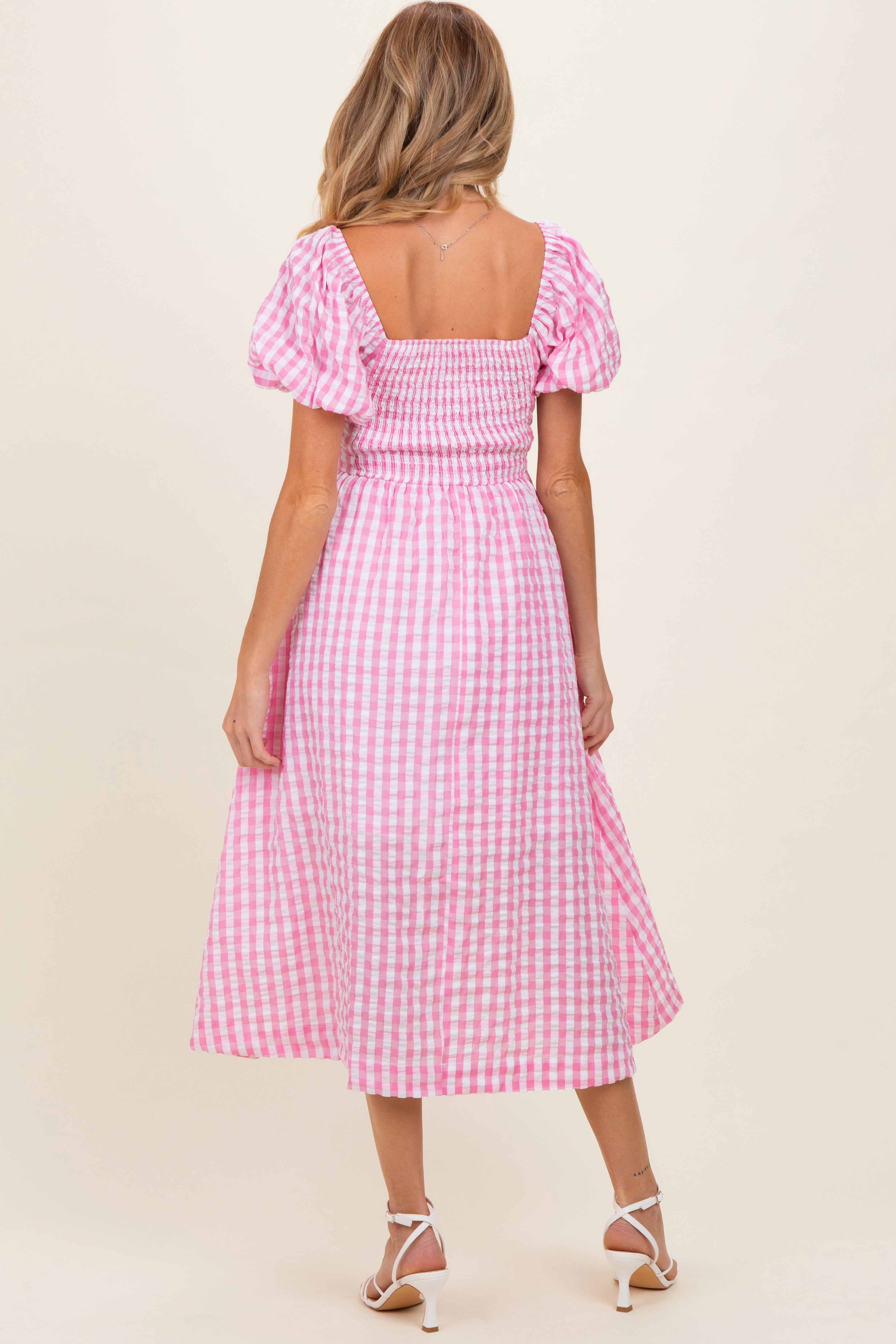 Pink Gingham Puff Sleeve Maternity Midi Dress