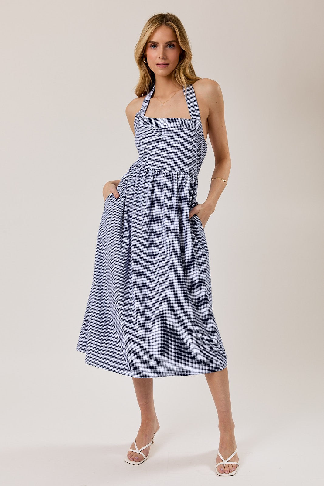 blue gingham halter dress Linden Midi Medium Dios