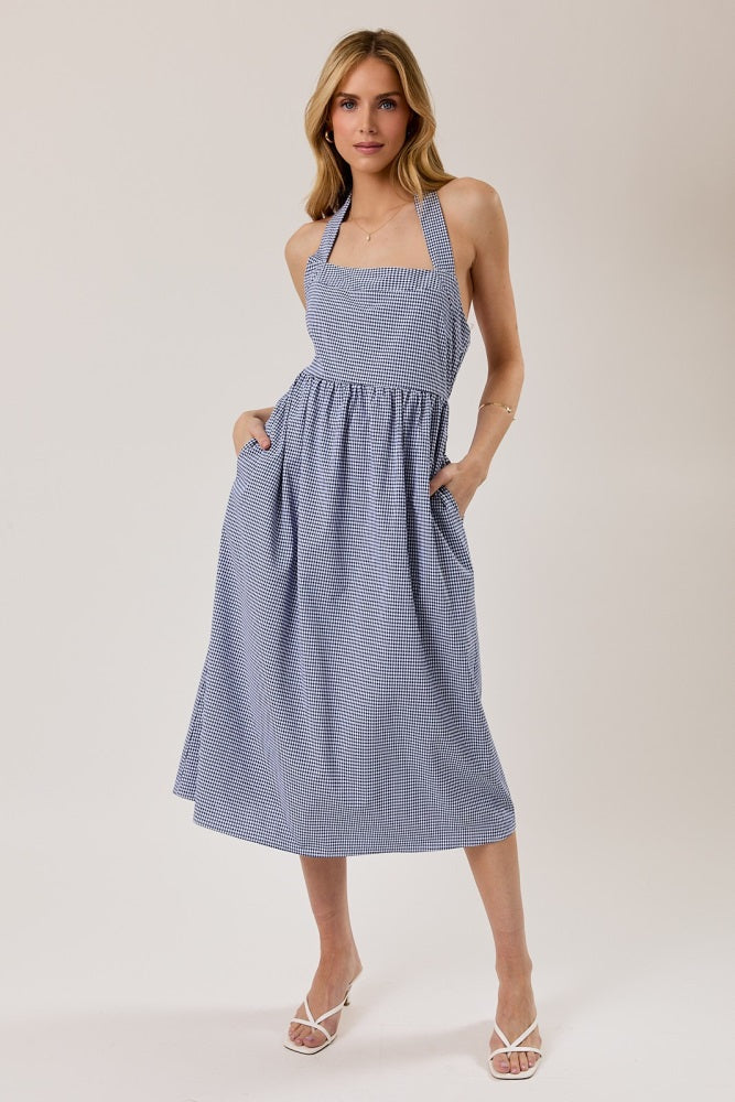 gingham halter dress Navy Neck Maternity Midi – PinkBlush size:6M simply classic Gathering at the hips Sabrina Carpenter Wore a