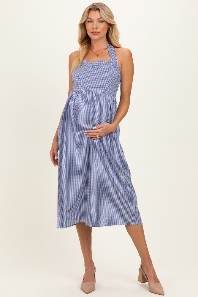 Navy Gingham Halter Neck Maternity Midi Dress