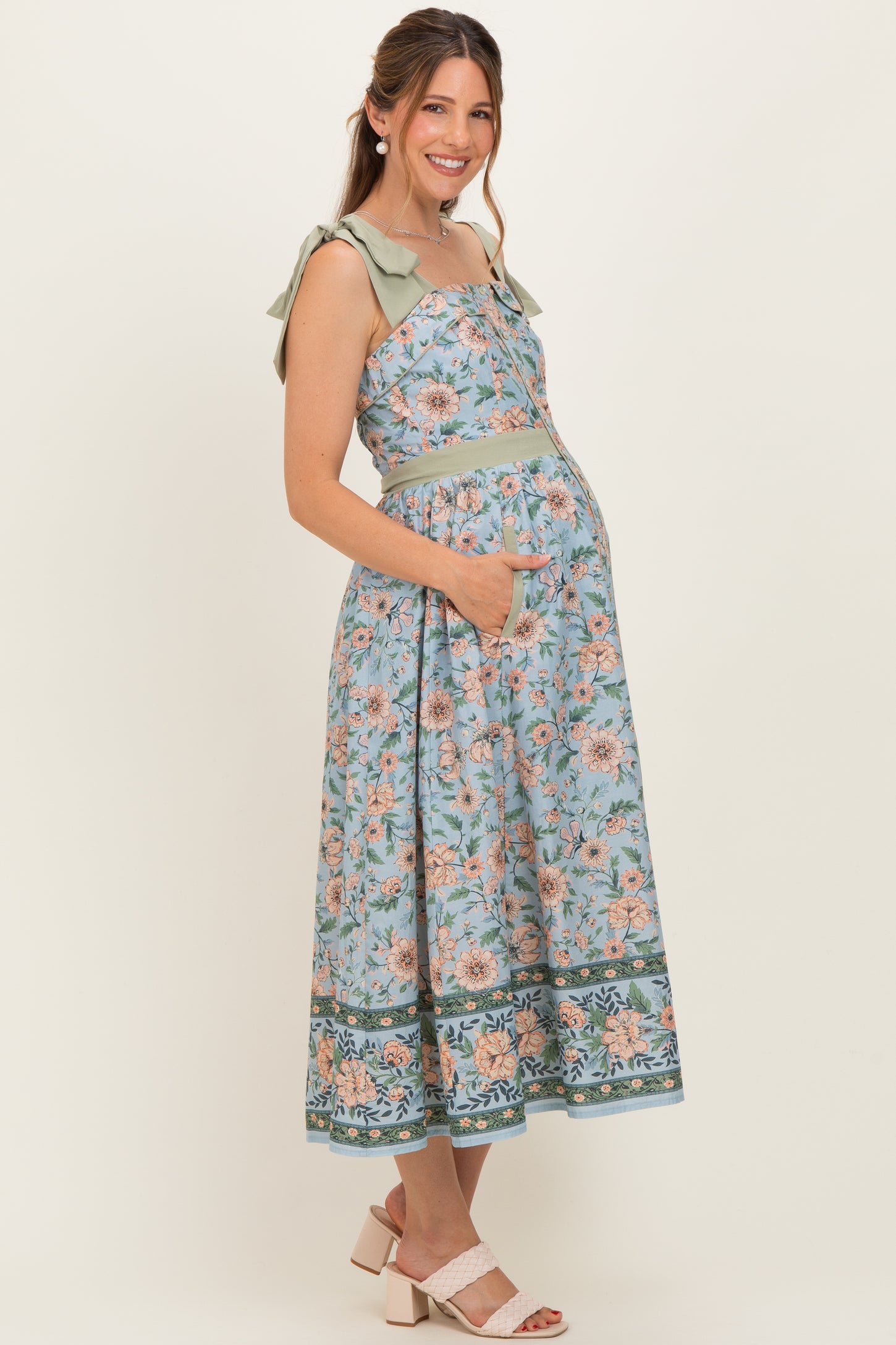 dusty blue floral dress Dusty Blue Floral Shoulder Tie Button Down Maternity Midi Dress