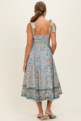 Dusty Blue Floral Shoulder Tie Button Down Midi Dress