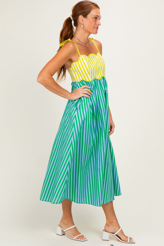 Kiwi Striped Colorblock Scallop Detail Midi Dress