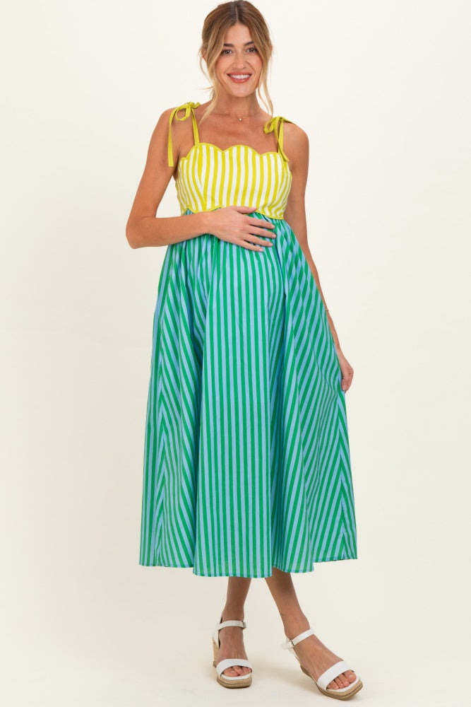 Kiwi Striped Colorblock Scallop Detail Maternity Midi Dress