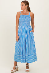Blue Striped Smocked Maternity Midi Dress
