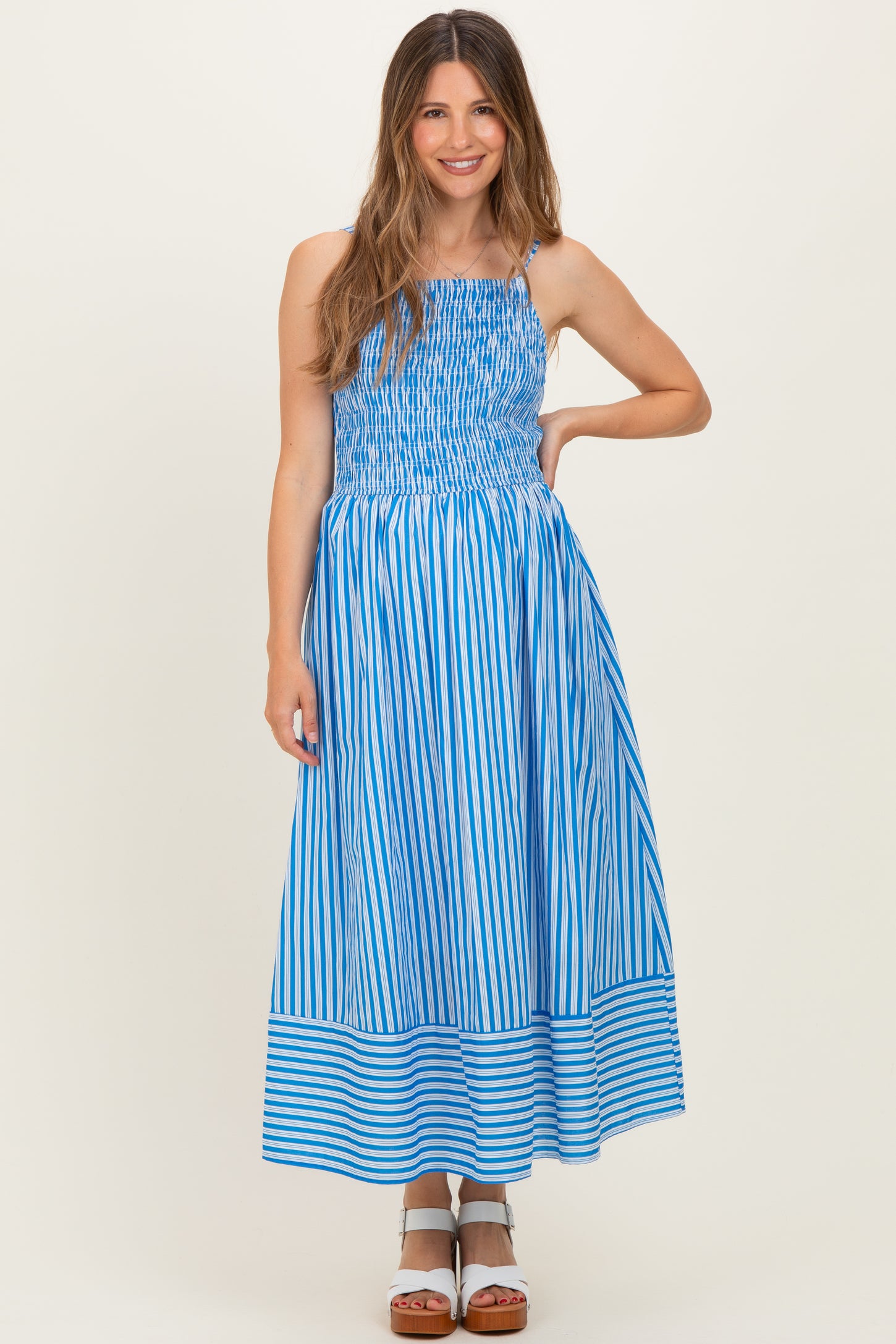 Blue Striped Smocked Maternity Midi Dress