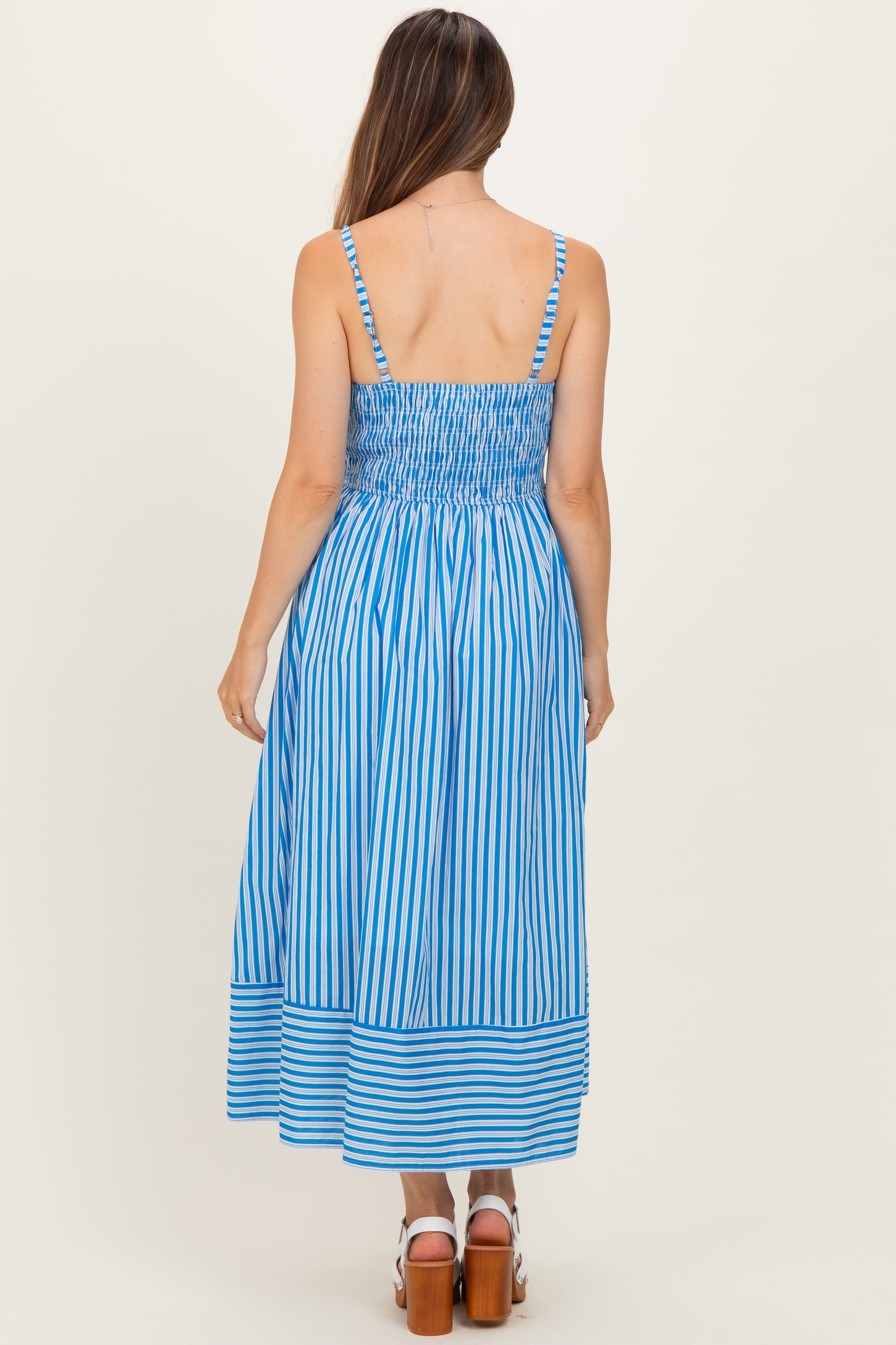 Blue Striped Smocked Maternity Midi Dress