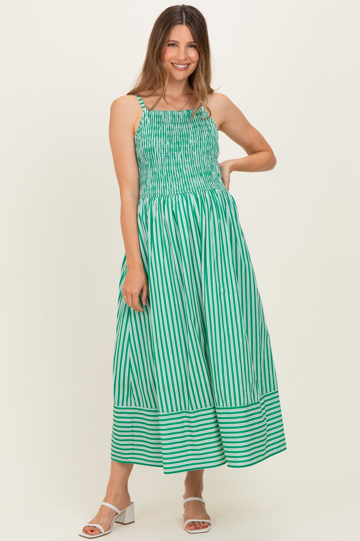 Green Striped Smocked Maternity Midi Dress