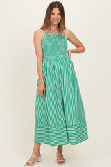 Green Striped Smocked Maternity Midi Dress