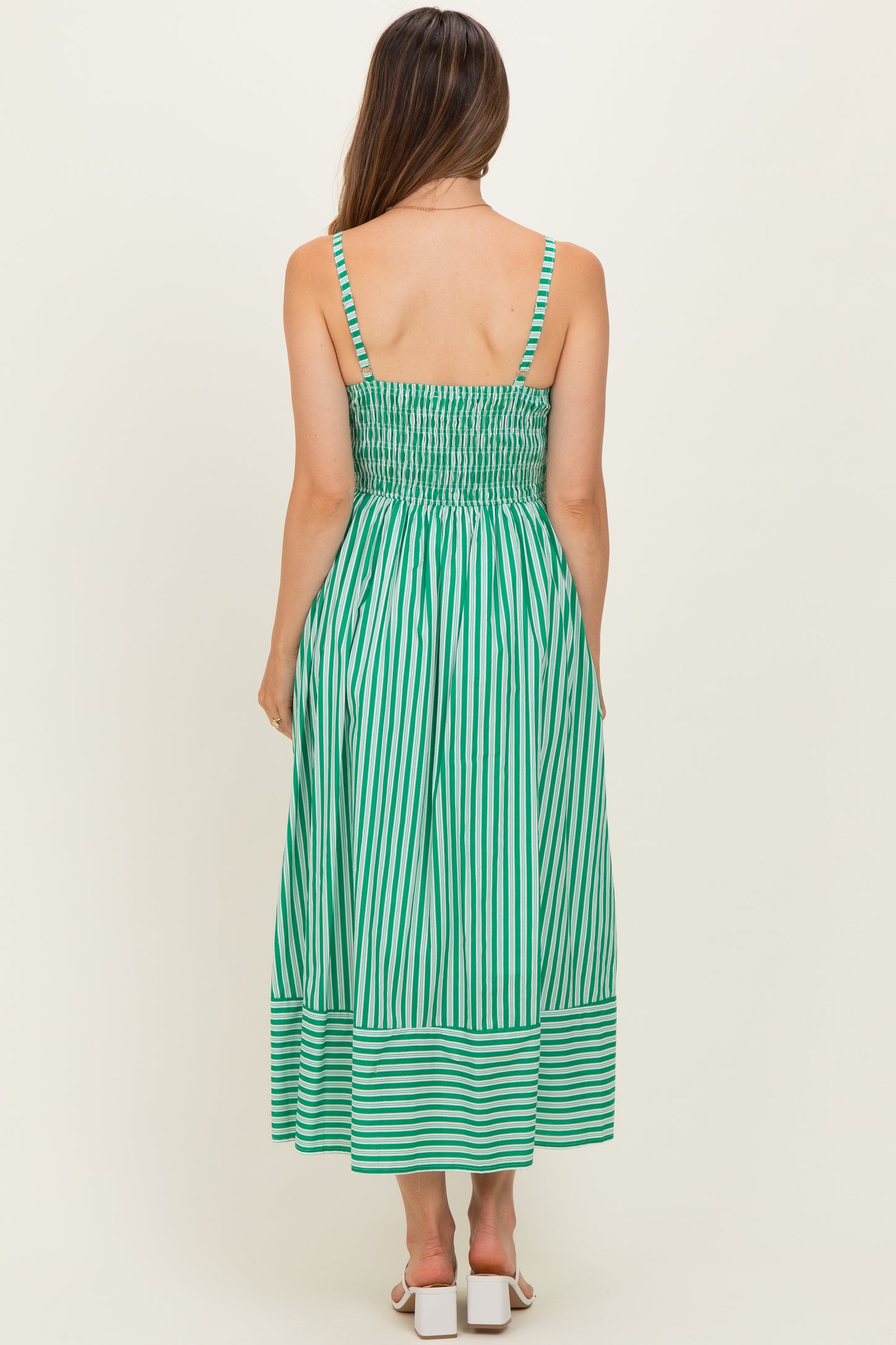 Green Striped Smocked Maternity Midi Dress