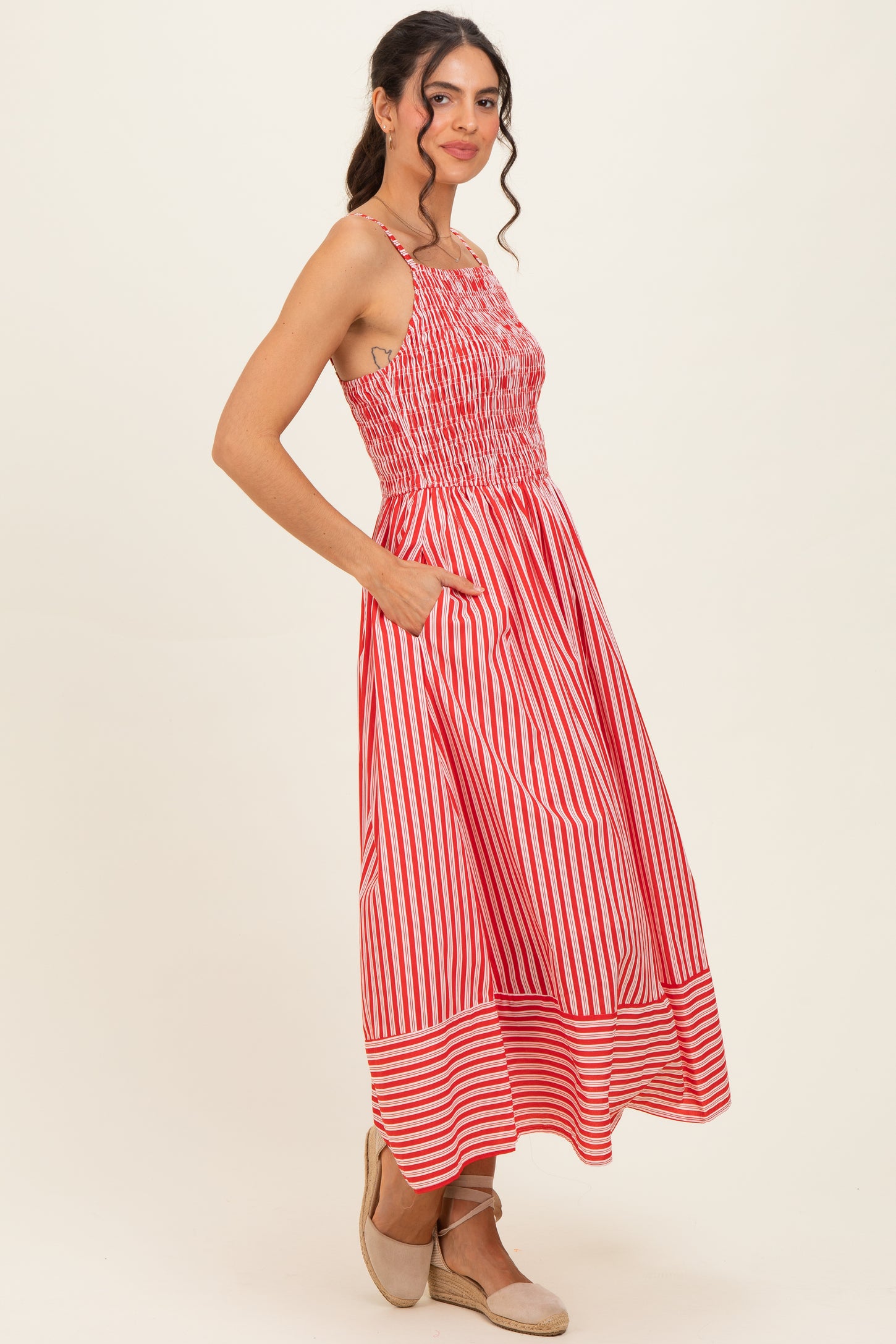 red smocked midi dress Whistles Smocked Bodice Midi Dress Red Size 12
