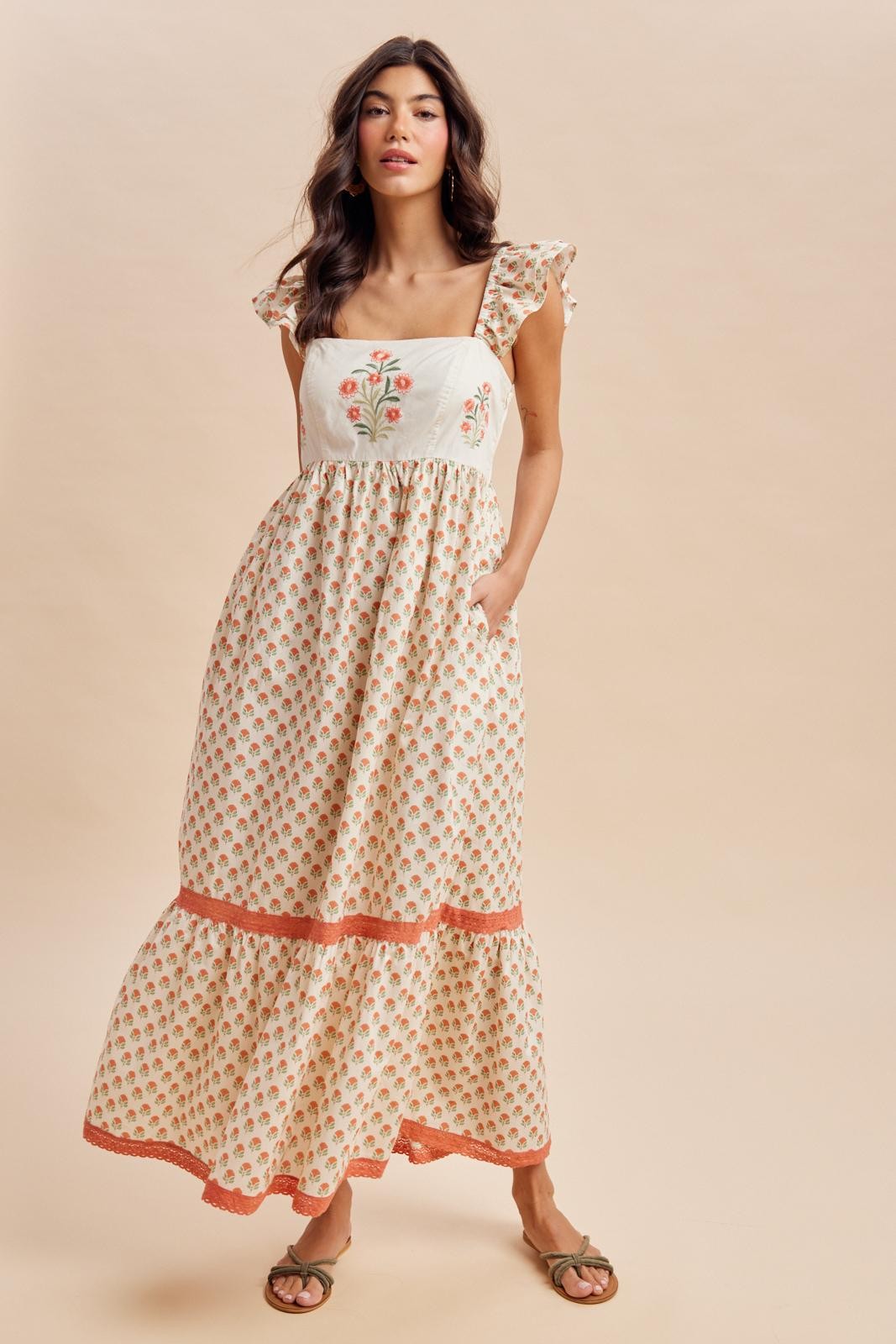 flower embroidered maxi dress Coral Floral – PinkBlush Web Collection: Beach Parisian evening look. Color:Sage Multi Black Tie Wedding Guest