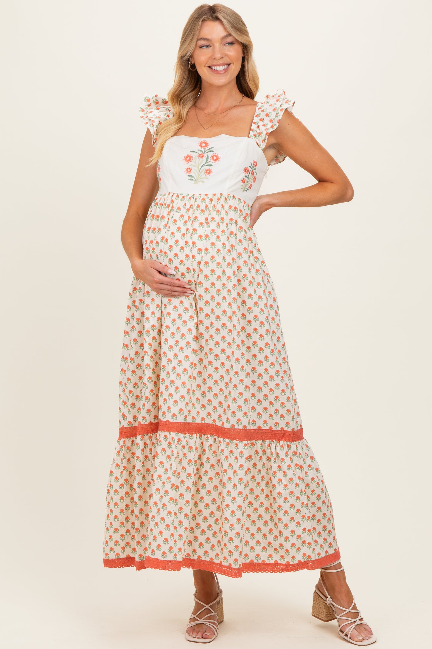 Coral Floral Embroidered Maternity Maxi Dress