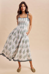 Off White Floral Smocked Shoulder Tie Maxi Dress