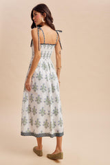 Off White Floral Smocked Shoulder Tie Maxi Dress