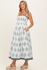Off White Floral Smocked Shoulder Tie Maternity Maxi Dress