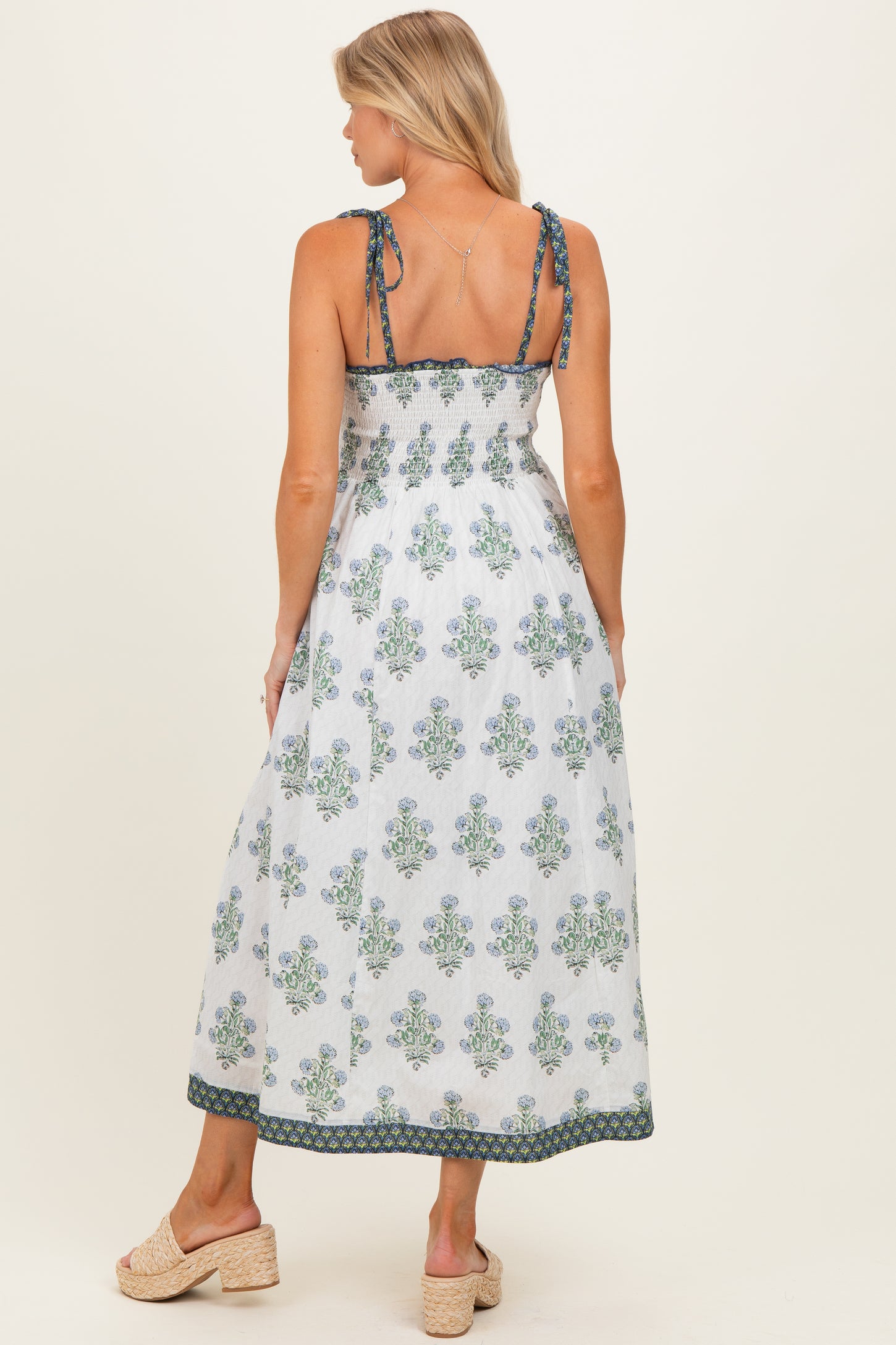 Off White Floral Smocked Shoulder Tie Maternity Maxi Dress