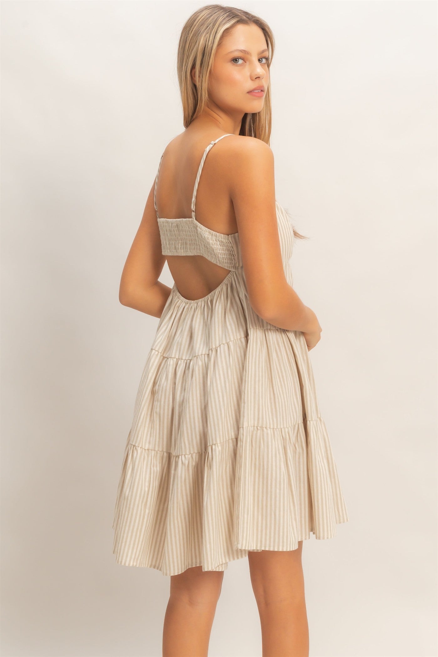 Beige Striped Tiered Cutout Dress Beige Striped Tiered Cutout Dress