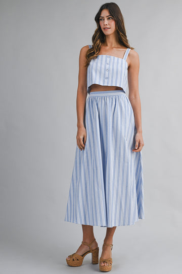 Blue Striped Crop Tank Midi Skirt Set