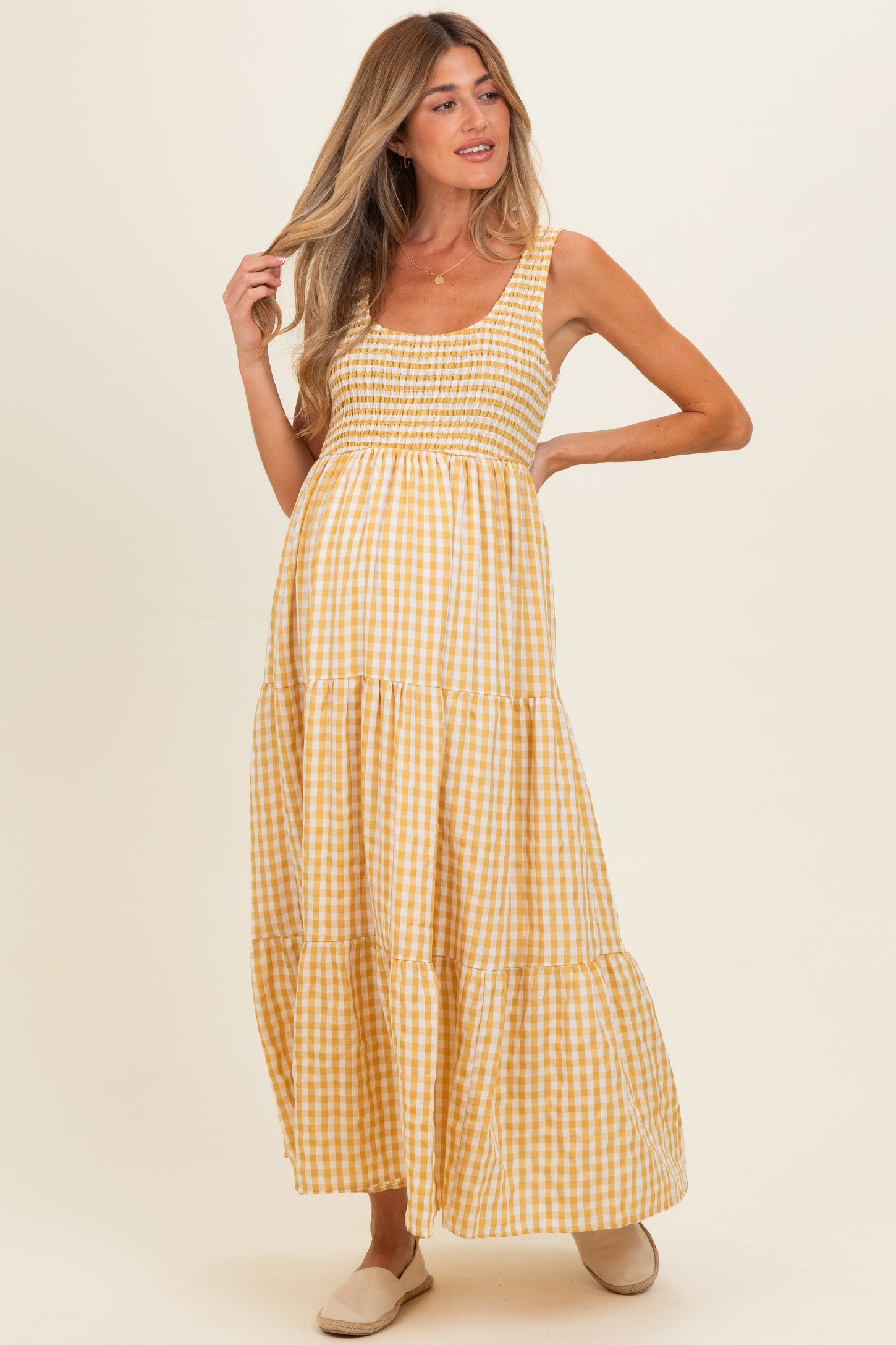Yellow Gingham Sleeveless Tiered Maternity Maxi Dress – PinkBlush
