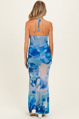 Blue Floral Halter Mesh Maternity Maxi Dress