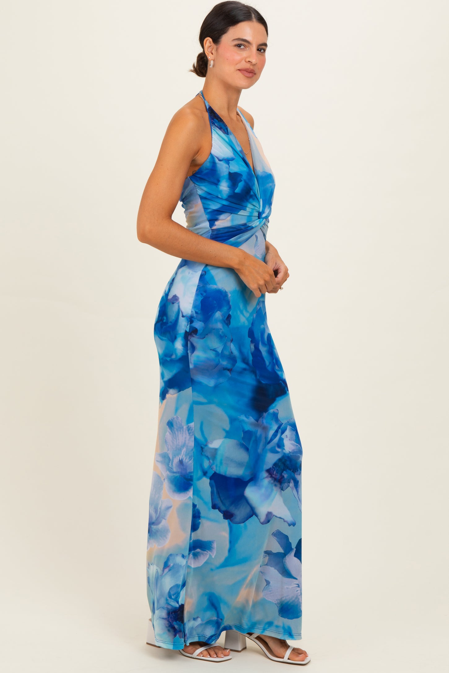 Blue Floral Halter Mesh Maxi Dress